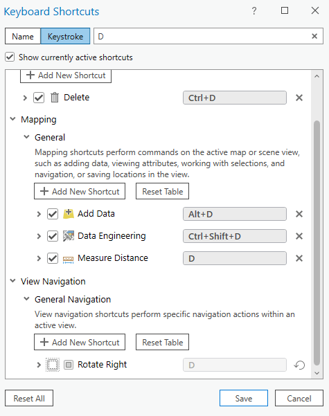 Turning off the rotate command allows D to launch the Measure Distance tool.