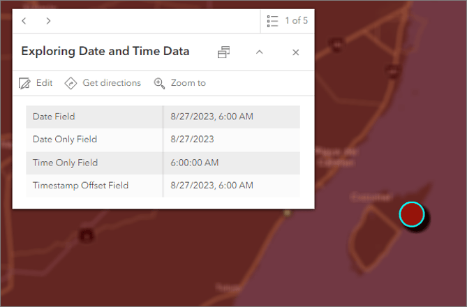 The pop-up contains 4 different field types available for working with date and time data in ArcGIS Online