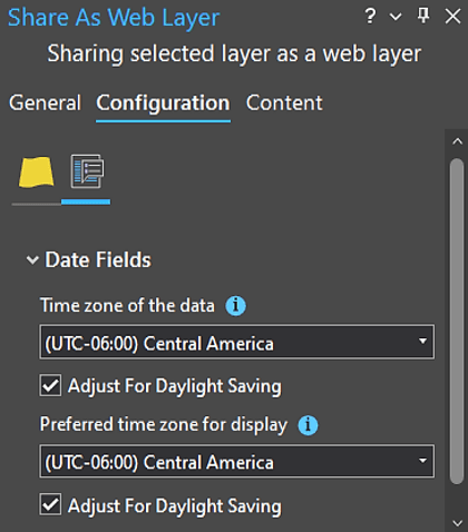 When you share a web layer, choose a time zone for your data using the date configuration settings