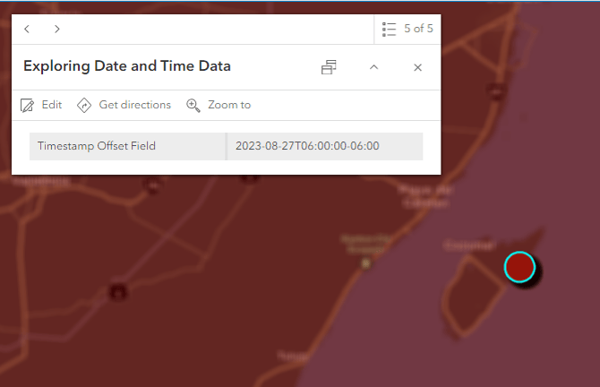 The date, the time, and the time zone of the feature are displayed in the Timestamp offset field. Time zone is stored as an offset from UTC, or in this case, -06:00.