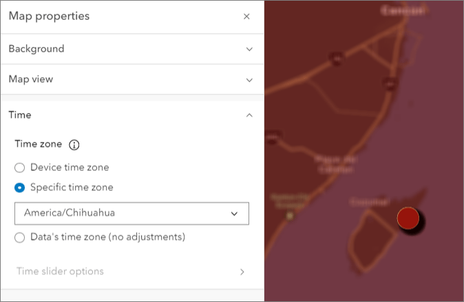 You have 3 options for setting the map time zone in the Map properties pane in Map Viewer.