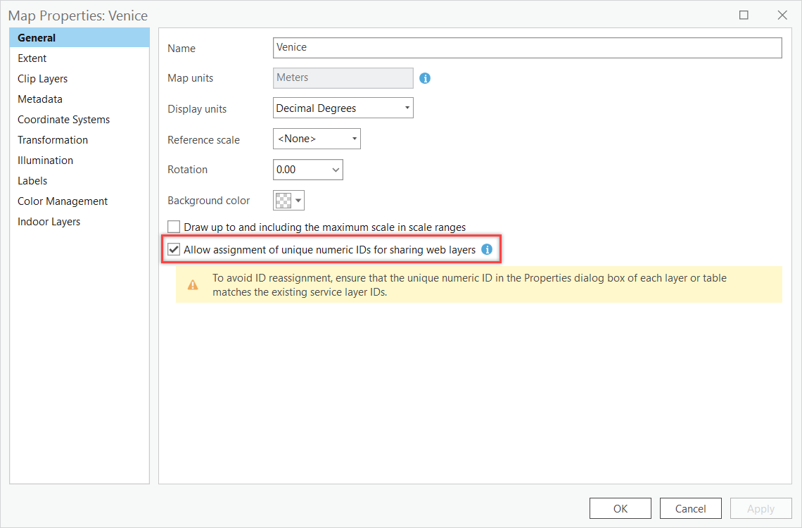 Allow assignment of unique numeric IDs for sharing web layers option on the Map Properties dialog box Allow assignment of unique numeric IDs for sharing web layers option on the Map Properties dialog box
