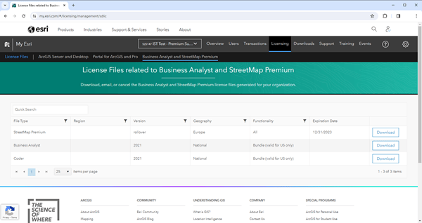 Business Analyst and StreetMap Premium license files on My Esri.