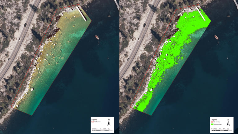 2 images of the shoreline in Lake Tahoe, on the left an image captured via a drone, on the right the same image with object detection data overlaid on the image.