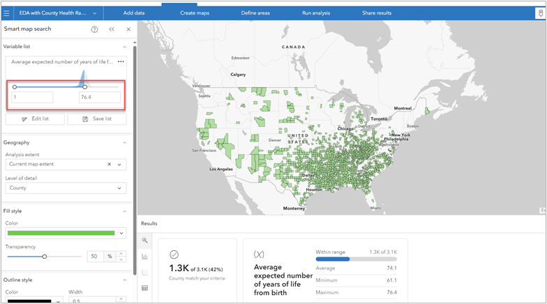 Smart map search allows you to view areas on the map that match criteria you define