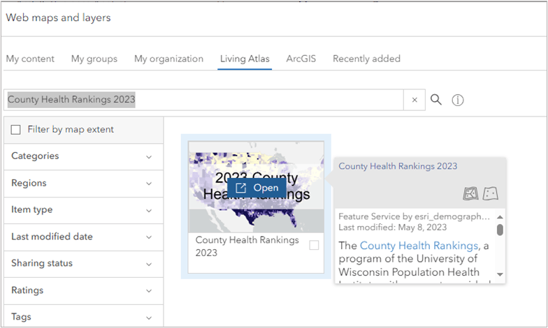 Click the Living Atlas tab and search for “County Health Rankings 2023”