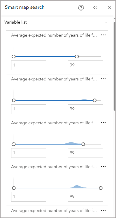 Change the lower value to 1 for each variable on the smart map search pane (under Variable list), to display average life expectancy between 1 and 99 and click Enter.