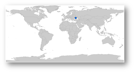A map of the world countries in gray polygons and a single blue point over Ukraine.