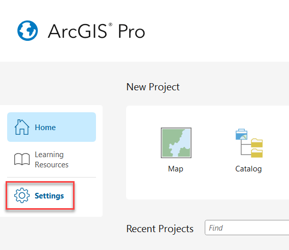 ArcGIS Pro Settings button.