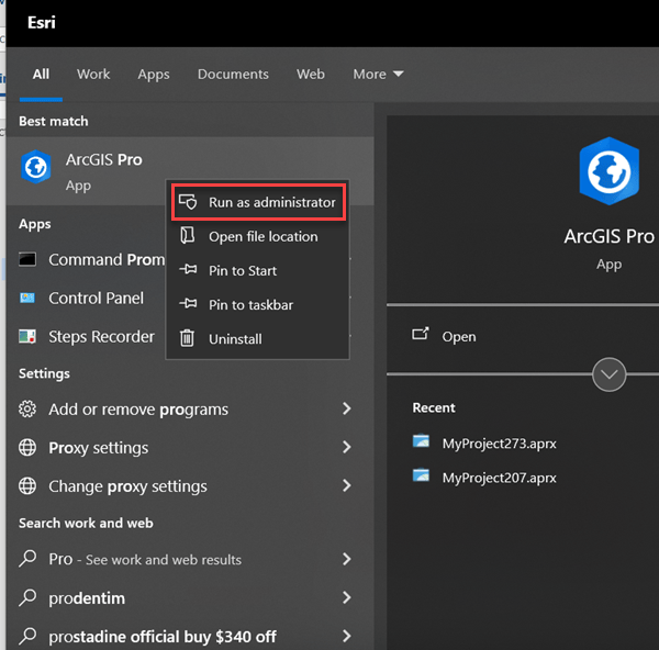 Selecting 'Run as administrator' while opening ArcGIS Pro.