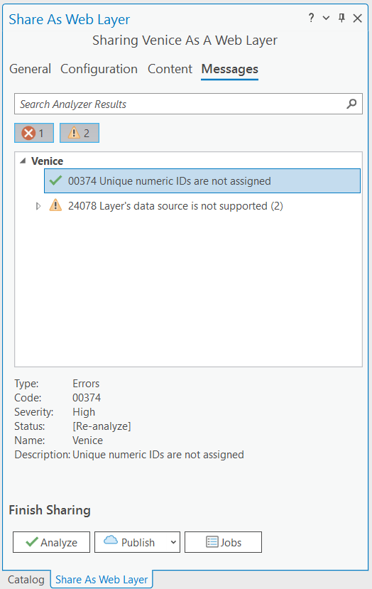 Analyzer error 00374 resolved in the Share As Web Layer pane