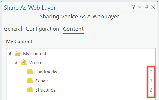 Layer IDs on the Content tab of the Share As Web Layer pane