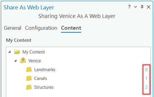 Layer IDs on the Content tab of the Share As Web Layer pane Layer IDs on the Content tab of the Share As Web Layer pane