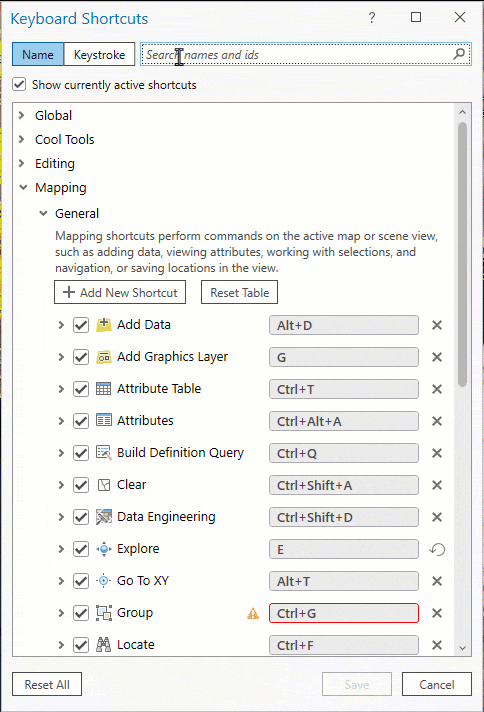 Use the search mode toggle at the top of the dialog to search by name or keystroke