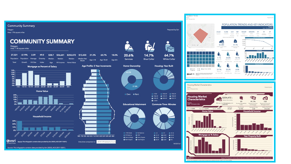 Clockwise from left: Community Summary, Population Trends and Key Indicators, Housing Market Characteristics infographics.