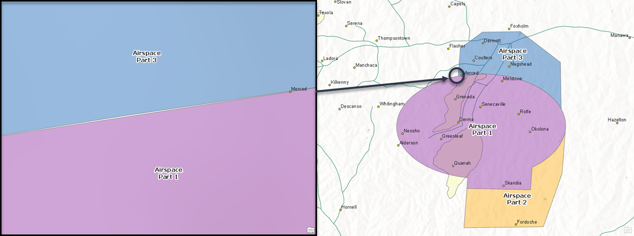 Three neighboring airspaces with small gaps in geometry