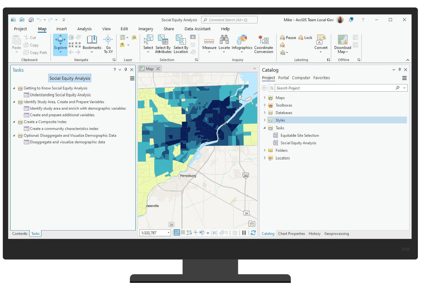 An image of the Social Equity Analysis ArcGIS Pro project with tasks open