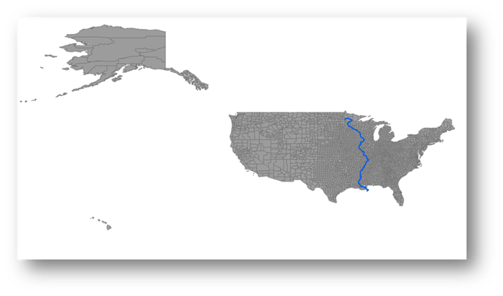 A map with a blue polyline representing the Mississippi River against gray polygons representing the US Counties.