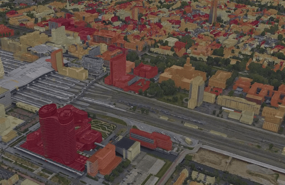Scene of Utrecht with layer showing potentially impacted buildings in a 1 in 100-year rainfall event draped on 3D tiles layer. Captured with IGI Penta-DigiCAM – processed with SURE by nFrames/Esri. Copyright © 2021 Kavel 10/nFrames/Esri. All rights reserved.