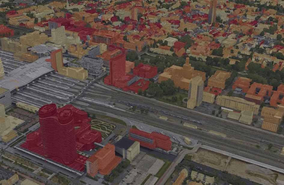Scene of Utrecht with layer showing potentially impacted buildings in a 1 in 100-year rainfall event draped on 3D tiles layer. Captured with IGI Penta-DigiCAM – processed with SURE by nFrames/Esri. Copyright © 2021 Kavel 10/nFrames/Esri. All rights reserved. Scene of Utrecht with layer showing potentially impacted buildings in a 1 in 100-year rainfall event draped on 3D tiles layer. Captured with IGI Penta-DigiCAM – processed with SURE by nFrames/Esri. Copyright © 2021 Kavel 10/nFrames/Esri. All rights reserved.