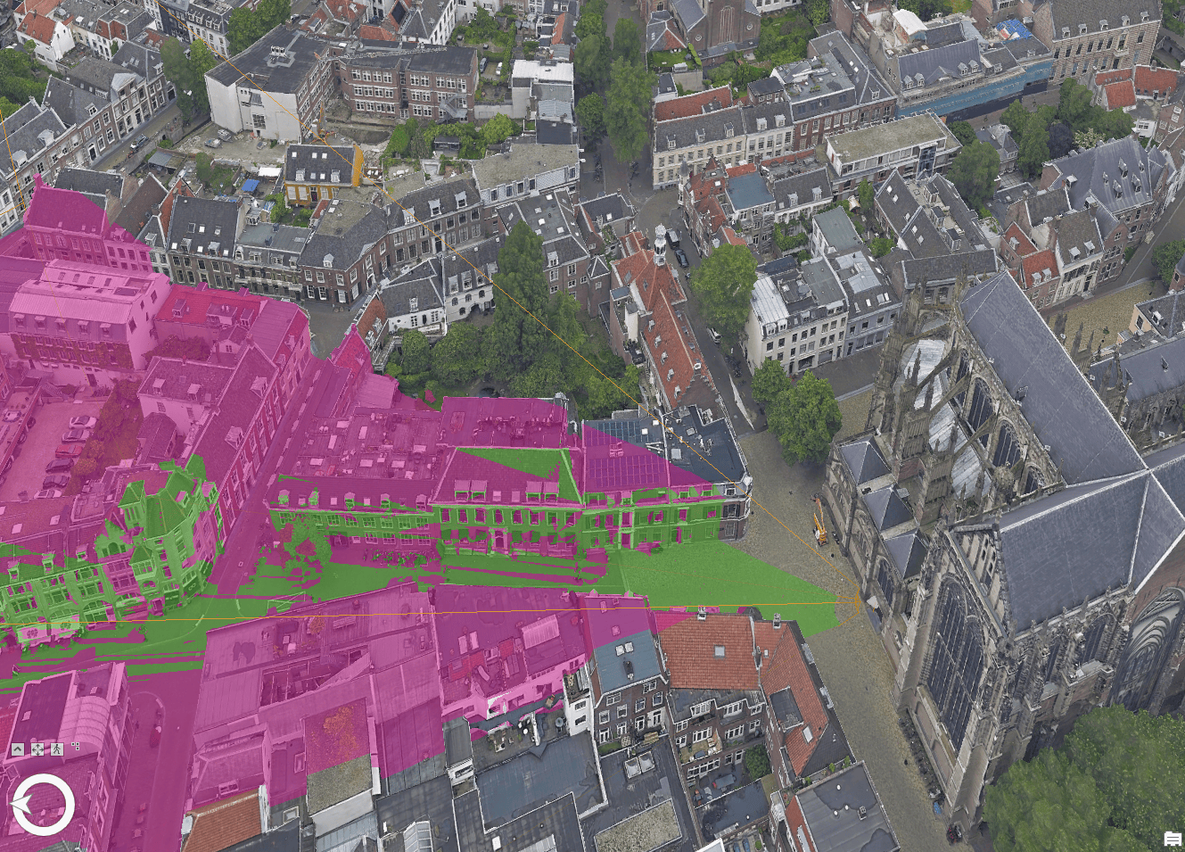 Interactive analysis tool viewshed showing areas visible in green and nonvisible and red from the given viewpoint. Captured with IGI Penta-DigiCAM – processed with SURE by nFrames/Esri. Copyright © 2021 Kavel 10/nFrames/Esri. All rights reserved.