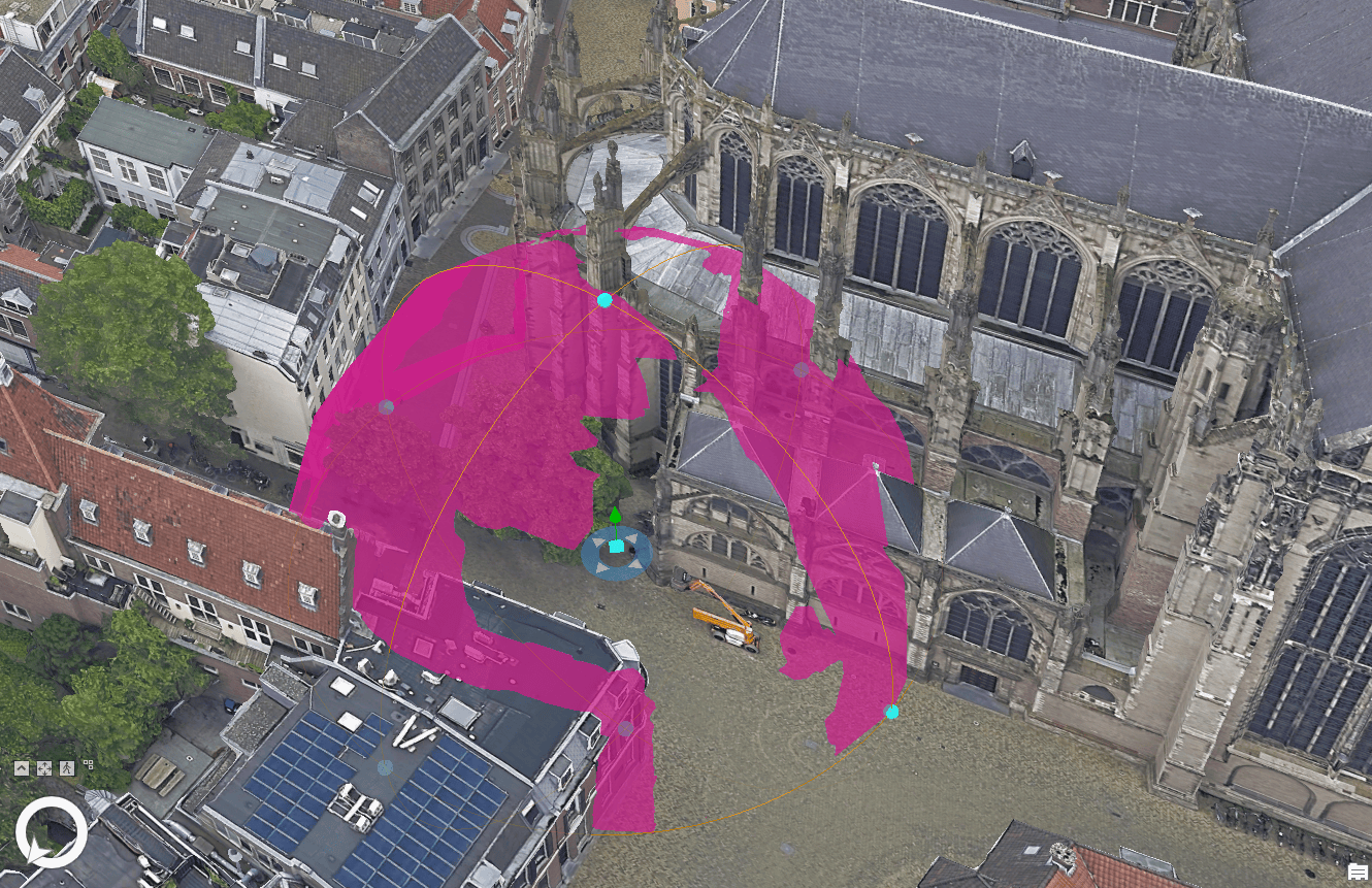 Interactive analysis using view dome with 20-meter diameter in front of Domkerk in Utrecht, the Netherlands. Captured with IGI Penta-DigiCAM – processed with SURE by nFrames/Esri. Copyright © 2021 Kavel 10/nFrames/Esri. All rights reserved. Interactive analysis using view dome with 20-meter diameter in front of Domkerk in Utrecht, the Netherlands. Captured with IGI Penta-DigiCAM – processed with SURE by nFrames/Esri. Copyright © 2021 Kavel 10/nFrames/Esri. All rights reserved.