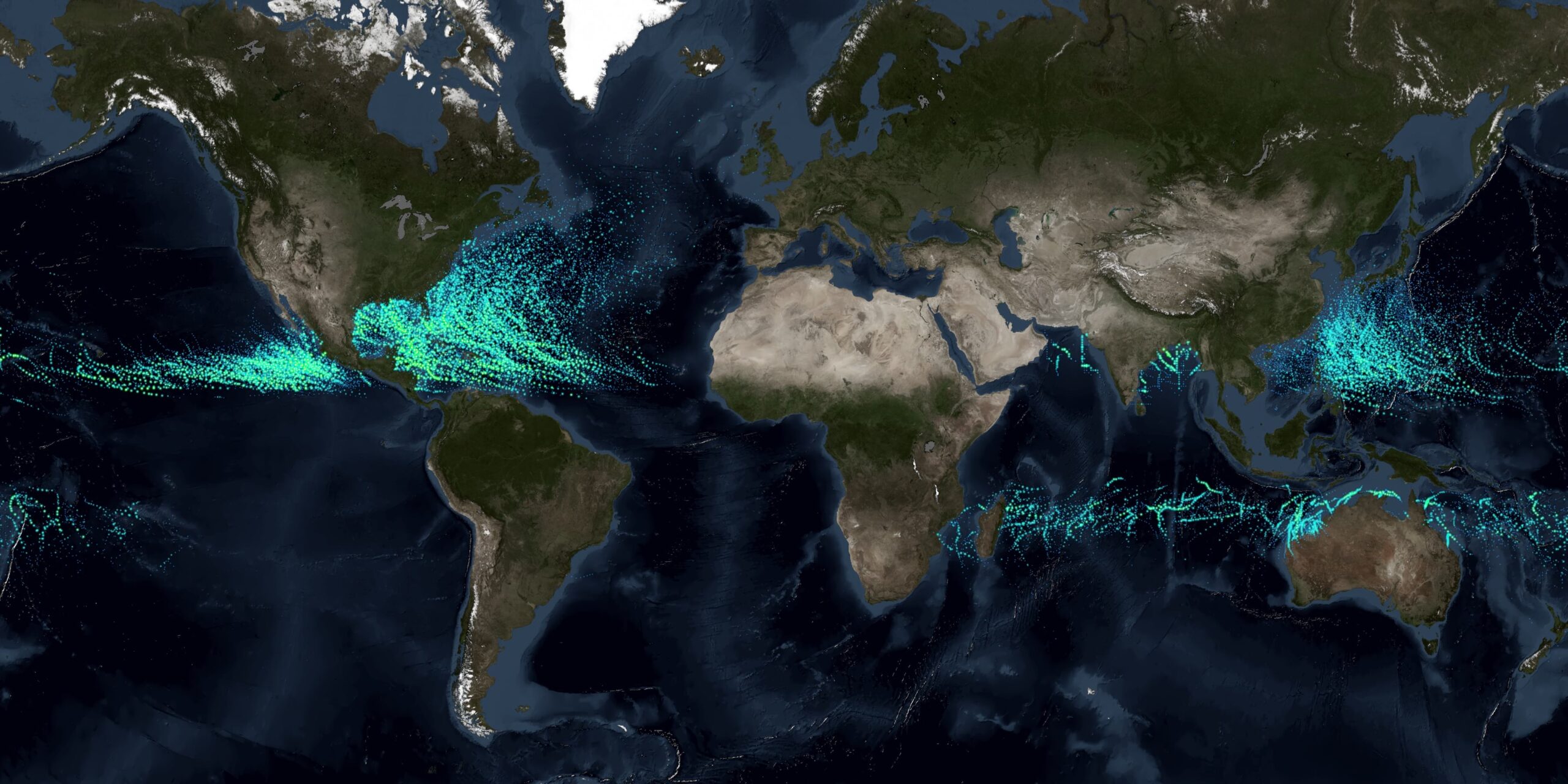 Satellite imagery of South America, Europe and Africa with hurricane storm tracks