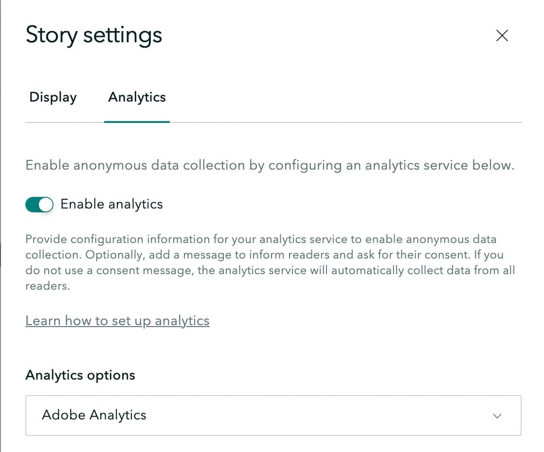 The user interface of how to select an analytics option in the ArcGIS StoryMaps story builder is shown.