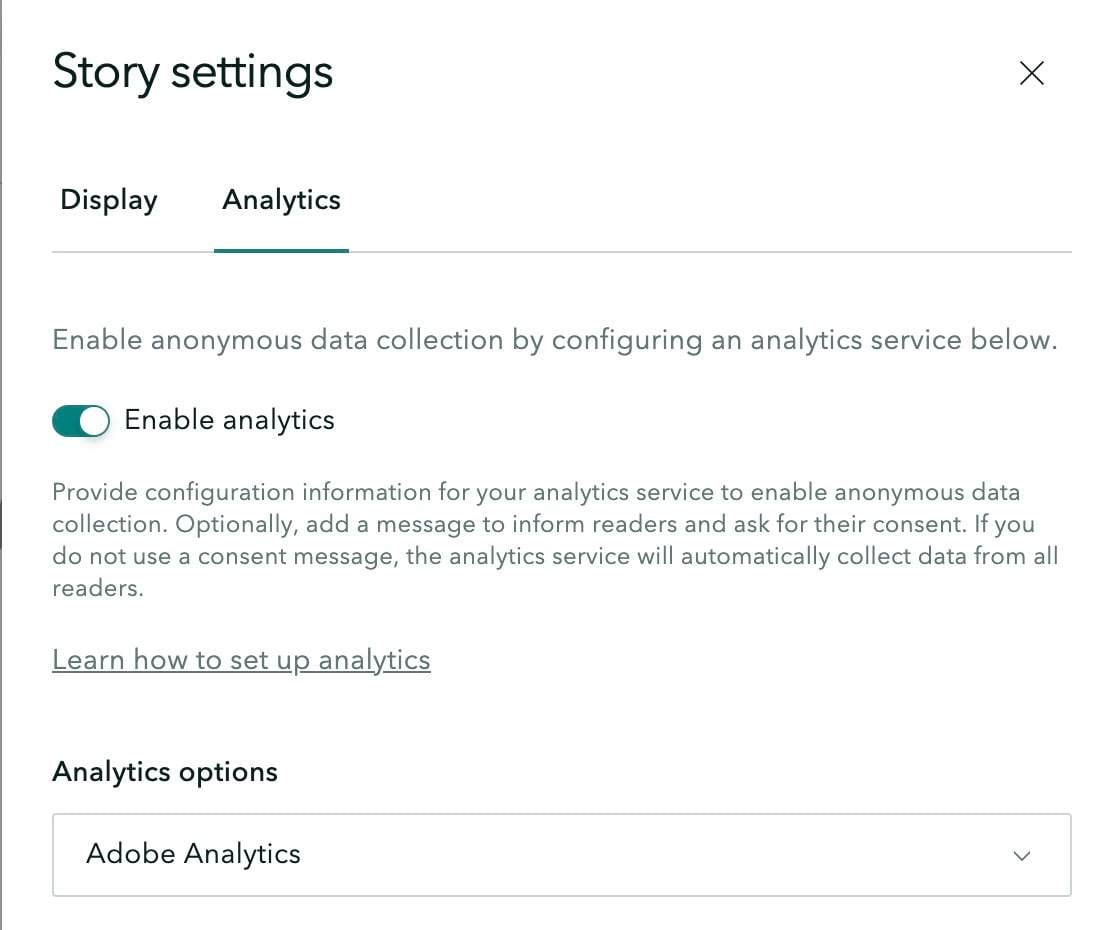 The user interface of how to select an analytics option in the ArcGIS StoryMaps story builder is shown. The user interface of how to select an analytics option in the ArcGIS StoryMaps story builder is shown.
