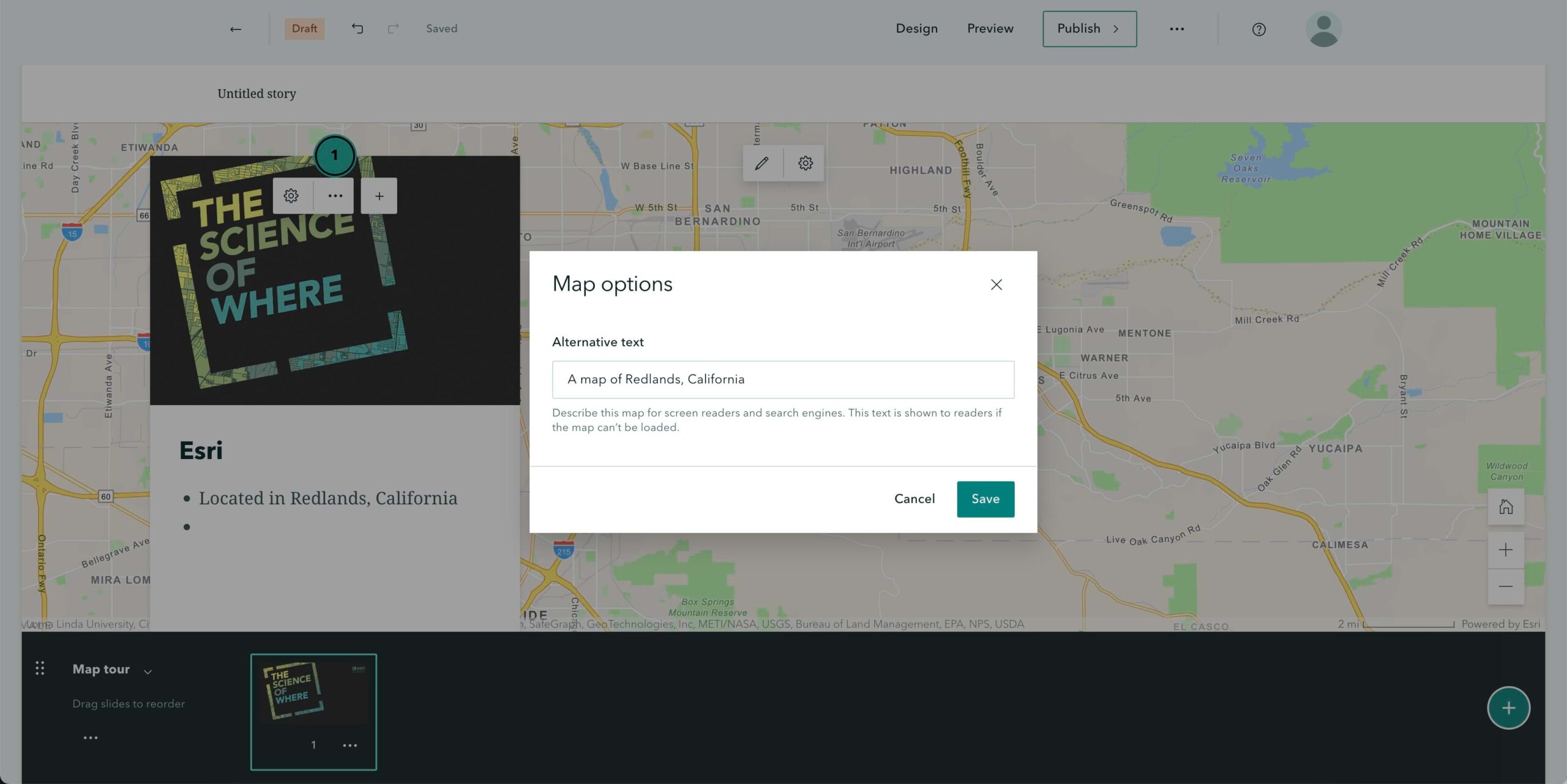 The place to add alternative text is shown in the ArcGIS StoryMaps user interface.