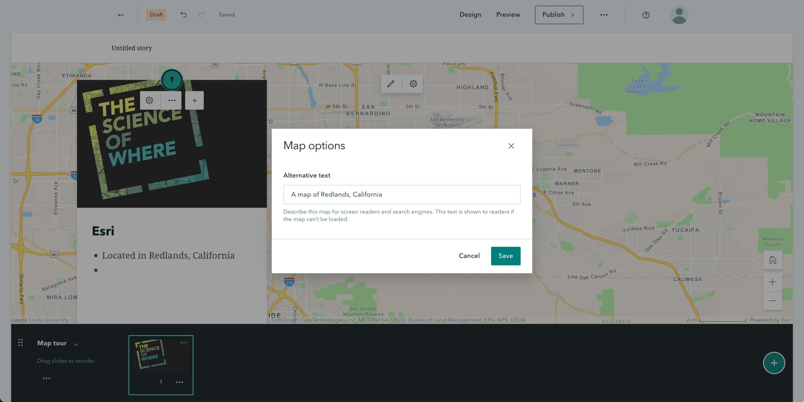 The place to add alternative text is shown in the ArcGIS StoryMaps user interface. The place to add alternative text is shown in the ArcGIS StoryMaps user interface.
