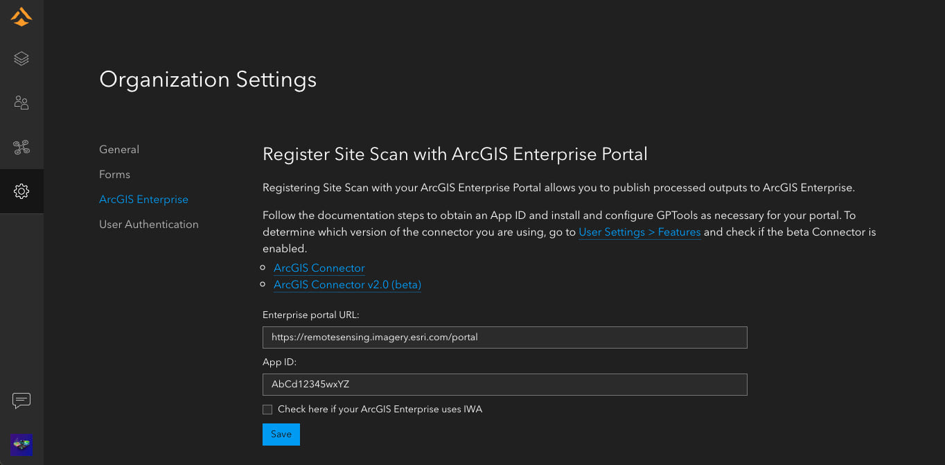 Settings pane within Site Scan for ArcGIS to enable the beta for the publishing tools.