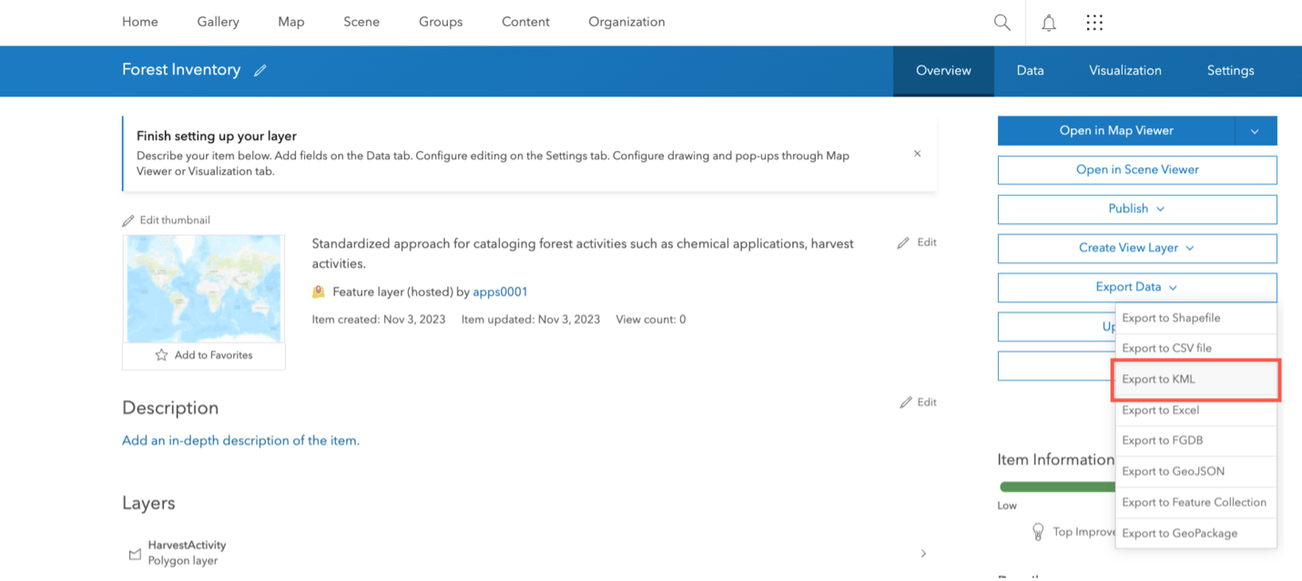 hosted feature layers being exported to a KML file in ArcGIS Enterprise portal.