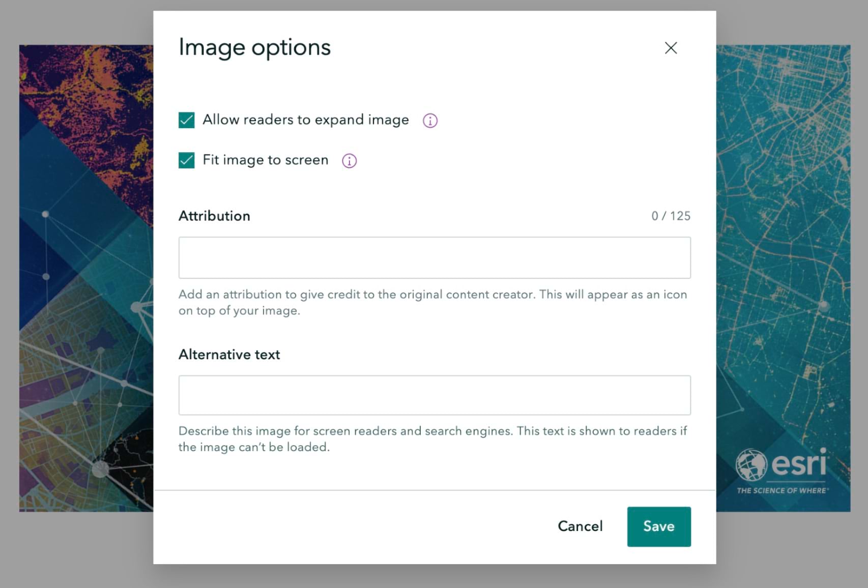 The place where you can select to fit an image to the screen is shown in the ArcGIS StoryMaps web app. The place where you can select to fit an image to the screen is shown in the ArcGIS StoryMaps web app.