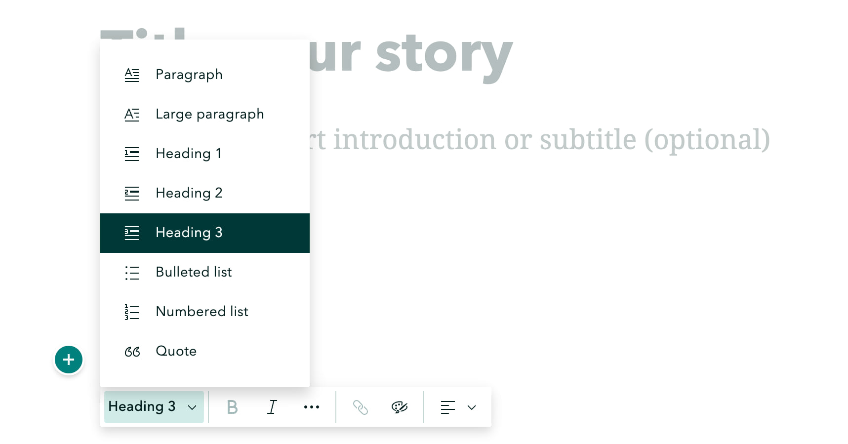 The heading selection option in the ArcGIS StoryMaps web app is shown.