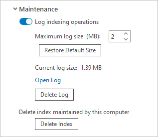 Maintenance section of Indexing options dialog box