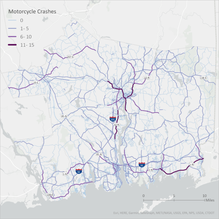 Count of motorcycle crashes per road