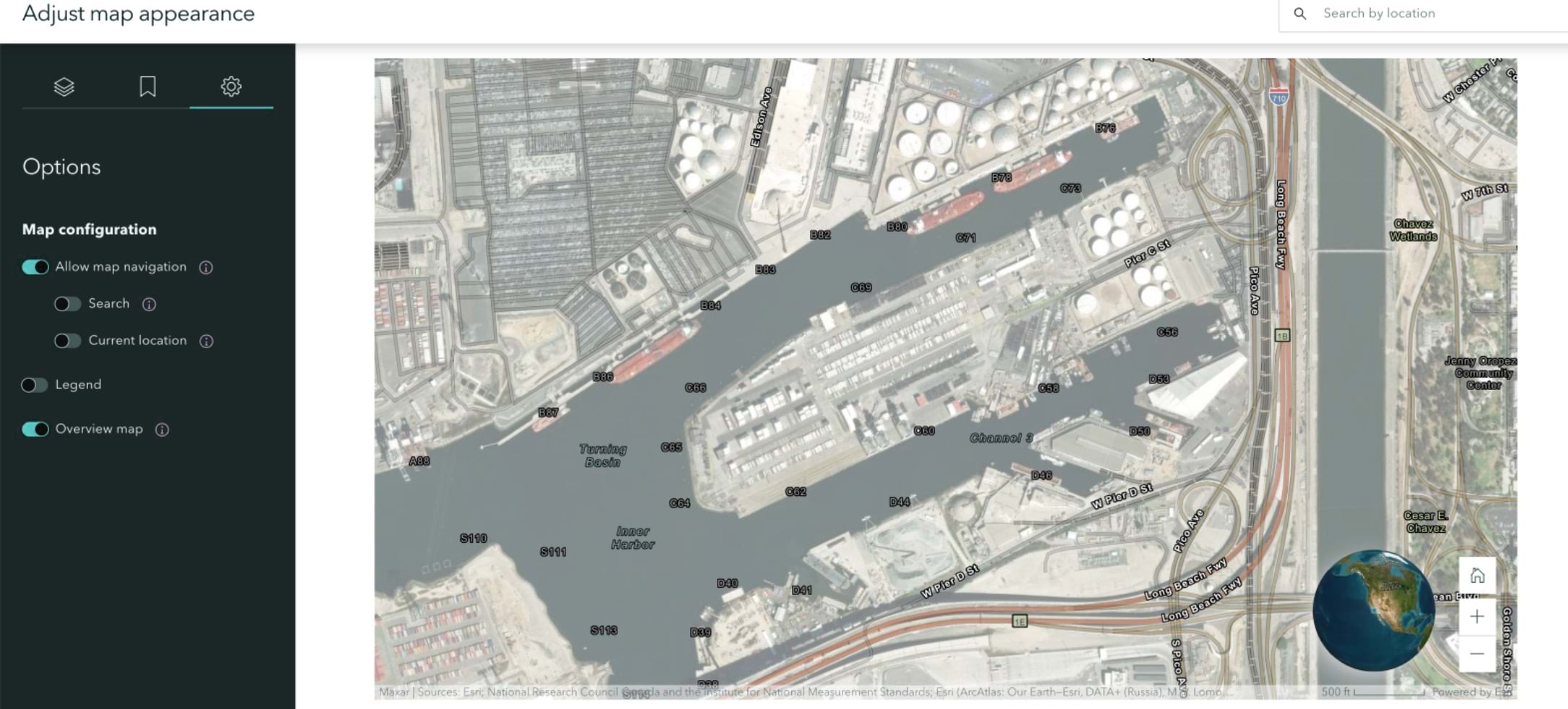 The user interface showing the place where you can turn on the overview map feature is shown in ArcGIS StoryMaps.