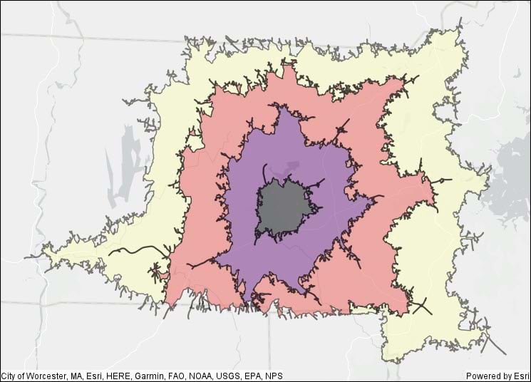 Service areas calculated in GeoAnalytics Engine