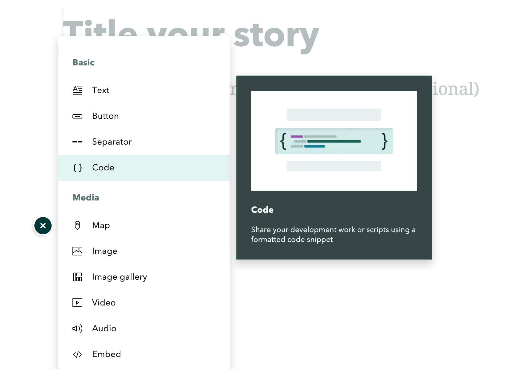 Screenshot of the new code snippet block on the ArcGIS StoryMaps story builder.