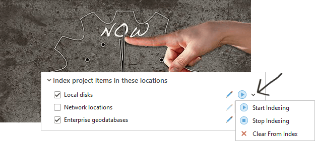 Start Indexing button and drop-down commands