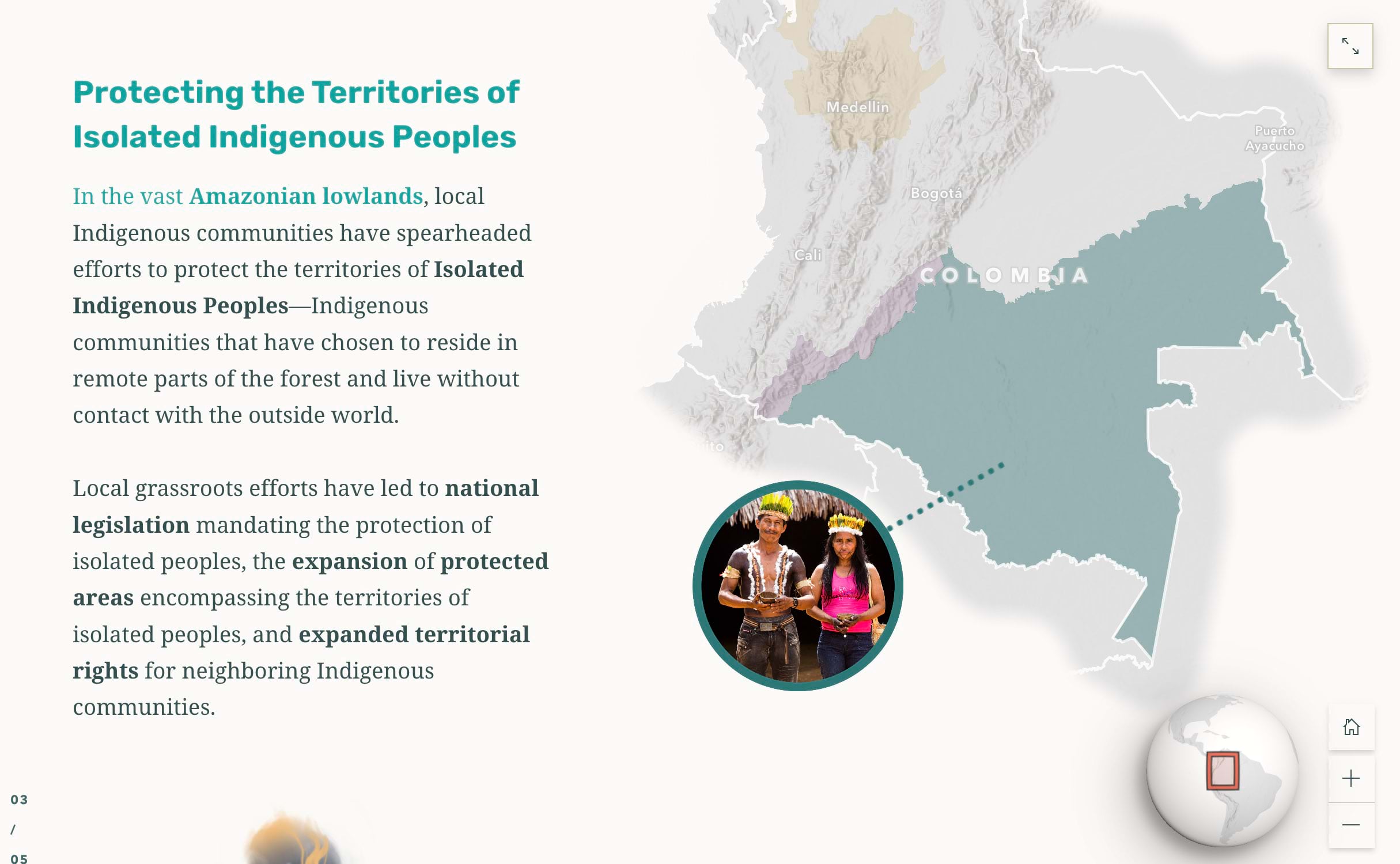 Screen shot of a Living Territories story immersive section with text on the left and graphics and a map on the right