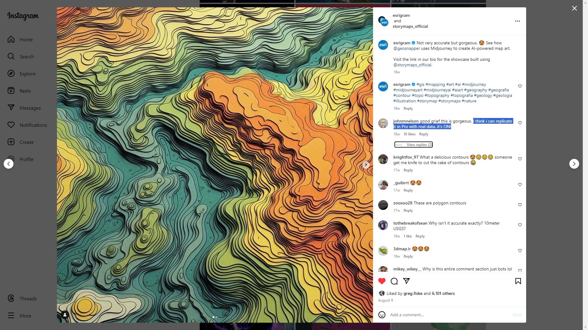 Esri's instagram post showing AI-generated topos.