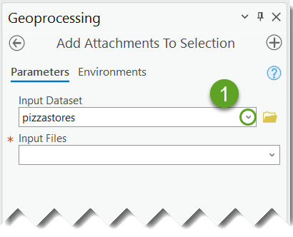 Image of the Add Attachment To Selection tool with an emphasis on using the parameter down arrow to add the dataset as the first step.