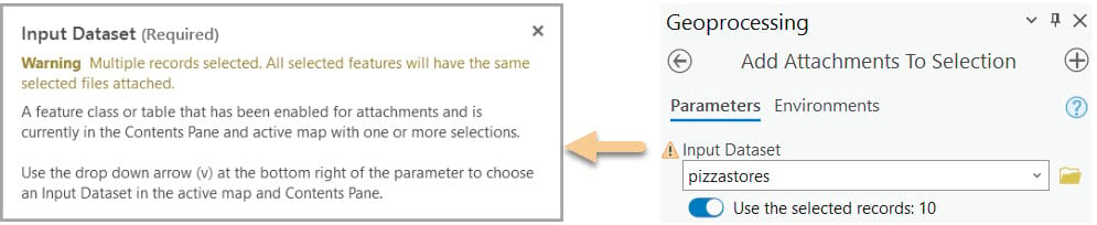 Image of the Input Dataset warning sign that is displayed when the user places the mouse cursor over the warning indicator icon on the tool.