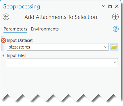 Image of the Add Attachment To Selection tool with an emphasis on the error indicator displayed when the Input Data was selected with the folder icon.