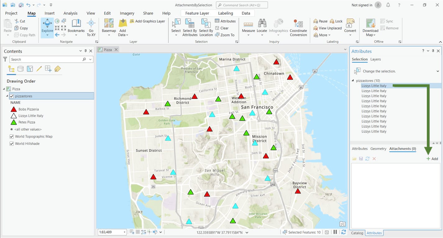 ArcGIS Pro interface showing selected features in Attributes Pane, with the ability to add one or more attachments per selection.