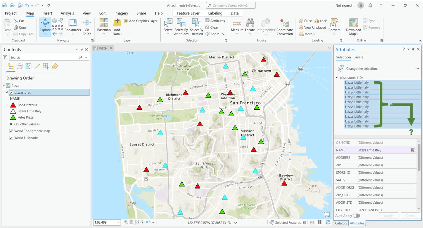 ArcGIS Pro interface showing selected features without the ability to add one or more attachments to them as a selected group.