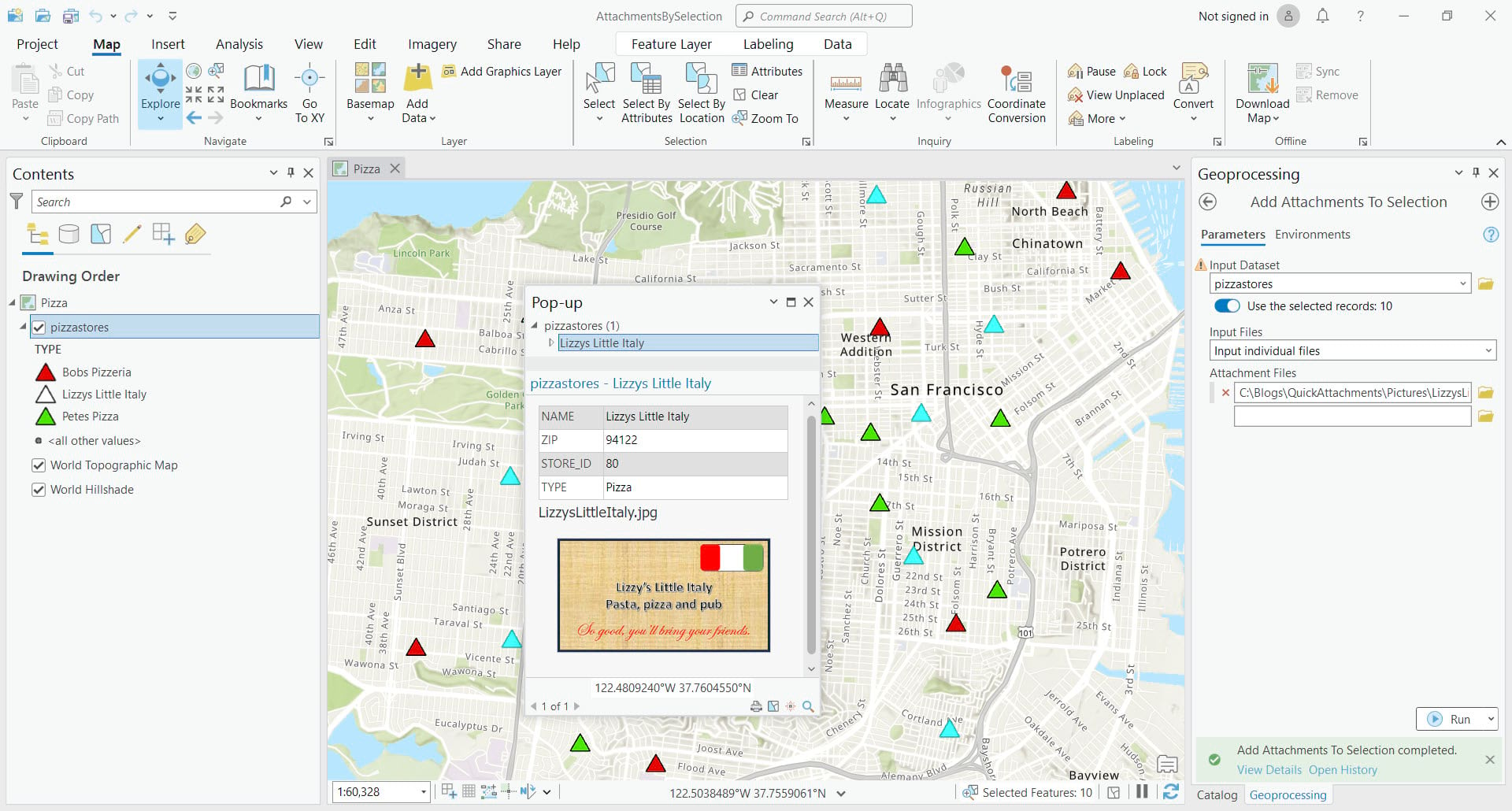 ArcGIS Pro interface with Map View and an open Pop-up window displaying the added attachments to all selected features.