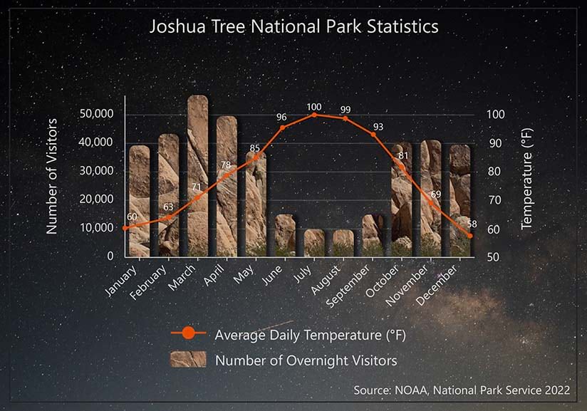 Line and bar chart infographic with Joshua Tree National Park statistics.